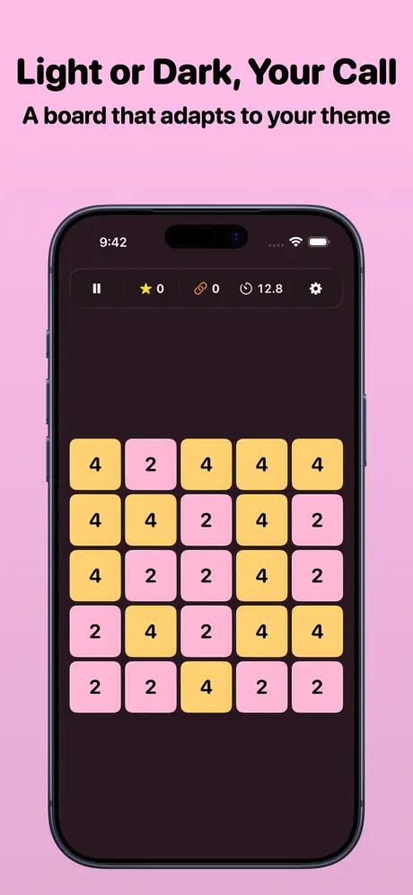 The same 5x5 tile board in dark mode, with the score, chain, and timer bar above a near-black play surface