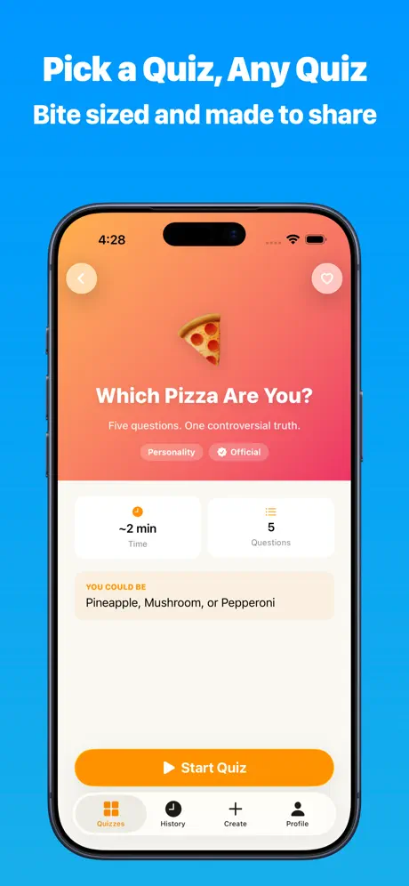 Quiz detail screen for Which Pizza Are You, showing a two-minute estimate, five questions, the possible results, and a Start Quiz button