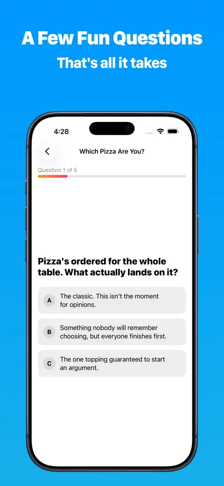 Question one of five asking what lands on a shared pizza, with three lettered answer choices and a progress bar