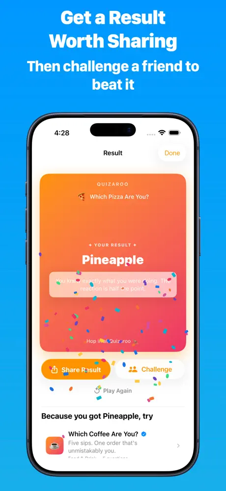 Result screen revealing Pineapple with confetti, Share Result and Challenge buttons, and a suggested follow-up quiz