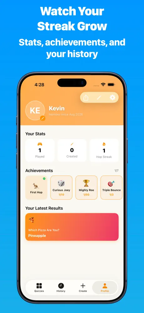 Profile screen showing played, created, and hop streak counters, an achievements row, and the most recent quiz result